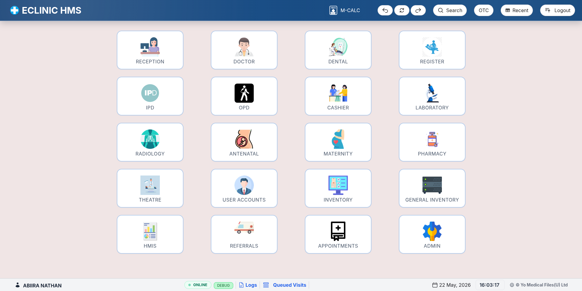 Eclinic HMS main dashboard showing patient management overview
